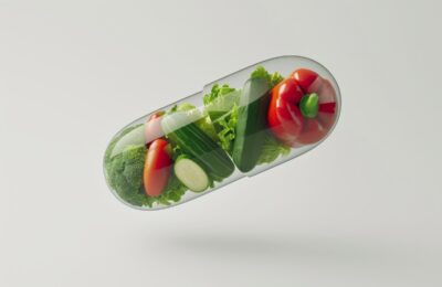 epic photo of Wholesome vegetable pill, sculpted in 3D, housing an assortment of fresh and crisp vegetables. The diverse range includes leafy greens, bell peppers, and tomatoes, creating a delightful spectrum of natural colors within the capsule. --chaos 15 --ar 3:2 --style raw --stylize 50 --v 6 Job ID: a3704520-7fec-40e7-8568-c264d70e01ca