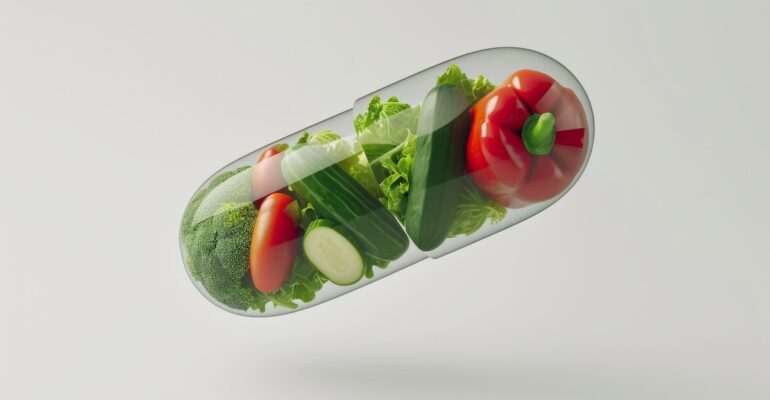 epic photo of Wholesome vegetable pill, sculpted in 3D, housing an assortment of fresh and crisp vegetables. The diverse range includes leafy greens, bell peppers, and tomatoes, creating a delightful spectrum of natural colors within the capsule. --chaos 15 --ar 3:2 --style raw --stylize 50 --v 6 Job ID: a3704520-7fec-40e7-8568-c264d70e01ca